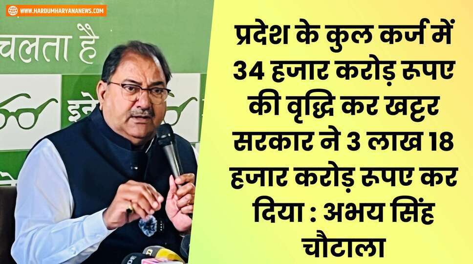 प्रदेश के कुल कर्ज में 34 हजार करोड़ रूपए की वृद्धि कर खट्टर सरकार ने 3 लाख 18 हजार करोड़ रूपए कर दिया : अभय सिंह चौटाला